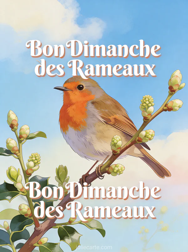 Rouge-gorge perché sur une branche de buis avec ciel bleu printanier et le texte Bon Dimanche des Rameaux