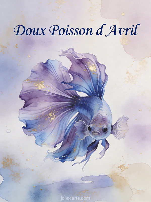 Poisson betta violet aux nageoires fluides avec le texte Doux Poisson d Avril style aquarelle