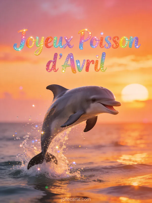 Dauphin souriant sautant hors de l eau au coucher du soleil avec le texte Joyeux Poisson d Avril