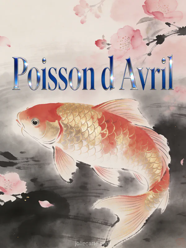 Carpe koi dorée et rouge nageant gracieusement avec le texte Poisson d Avril style japonais