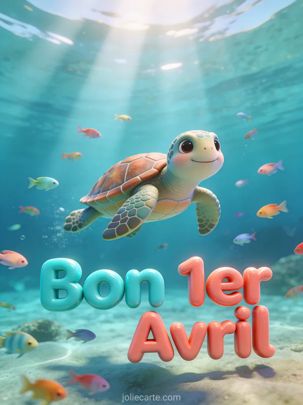 Tortue de mer adorable nageant avec des poissons colorés et le texte Bon 1er Avril