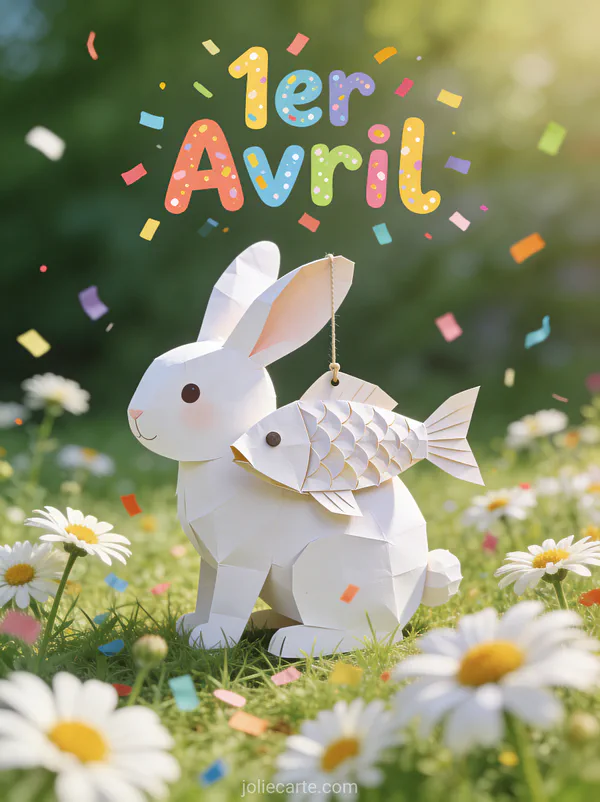 Lapin blanc espiègle avec un poisson en papier dans le dos dans une prairie fleurie