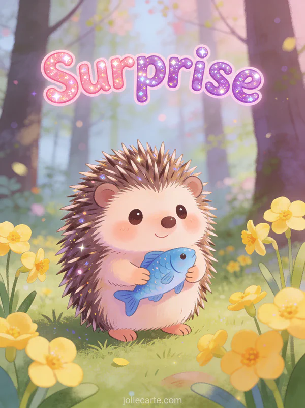 Hérisson mignon portant un poisson bleu sur ses piquants dans une forêt printanière