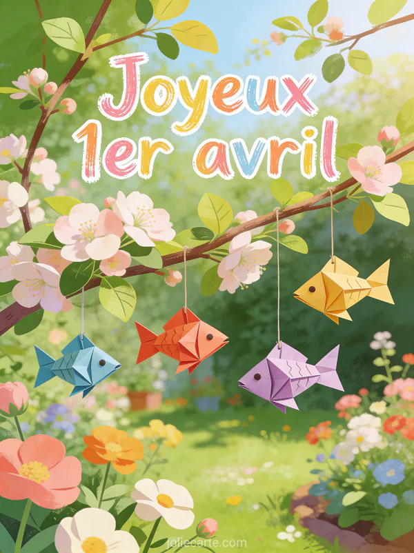 Renard roux souriant dans un champ de jonquilles tenant un poisson en origami