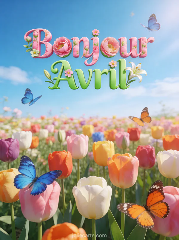 Champ de tulipes multicolores avec papillons sous un ciel bleu et texte Bonjour Avril