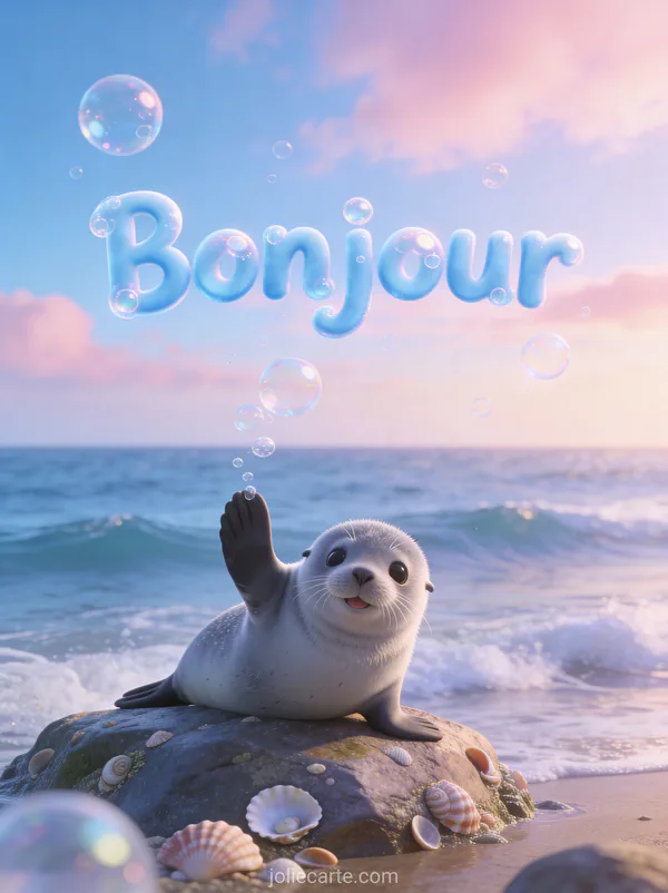 Phoque gris adorable faisant coucou sur un rocher au bord de l ocean avec le texte Bonjour