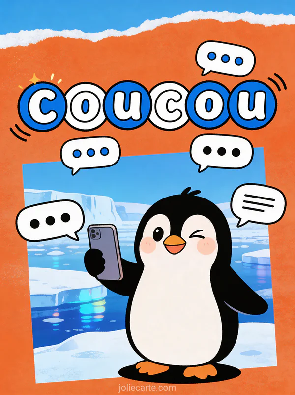 Pingouin mignon tenant un smartphone et faisant un clin d oeil avec le texte Coucou