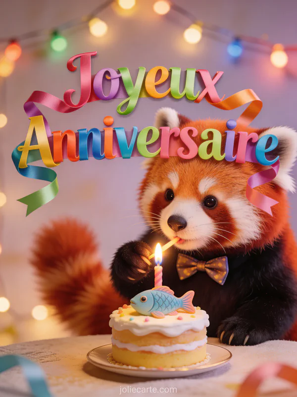 Panda roux avec noeud papillon soufflant des bougies sur un gâteau décoré d un poisson