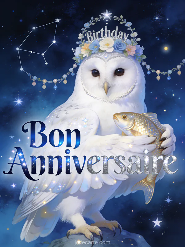 Chouette blanche avec couronne d anniversaire tenant un poisson doré sous un ciel étoilé