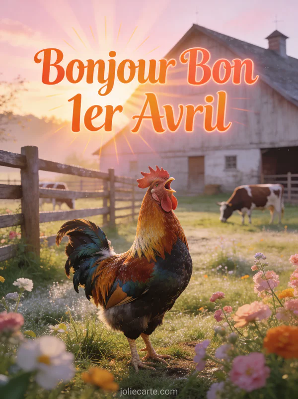 Coq majestueux aux plumes colorées chantant au lever du soleil devant une ferme