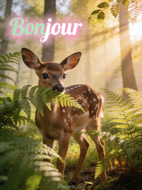 Faon tacheté aux grands yeux regardant à travers des fougères dans une forêt printanière