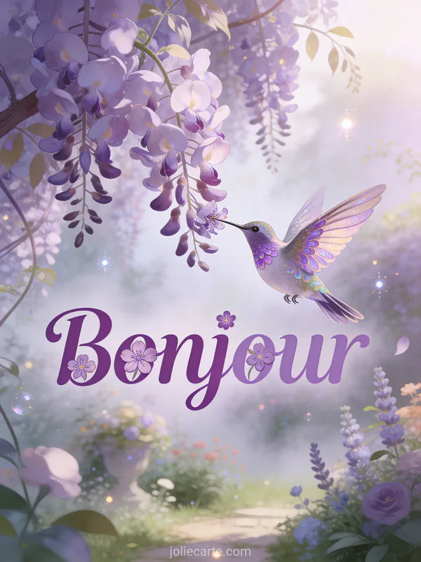 Colibri aux plumes irisées butinant des glycines en fleurs dans un jardin enchanté