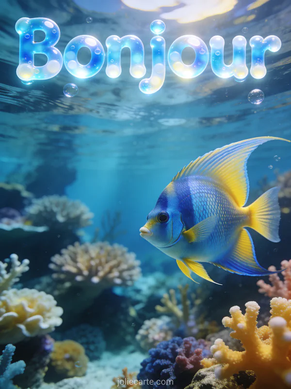 Poisson ange empereur bleu et jaune nageant devant un récif corallien avec le texte Bonjour