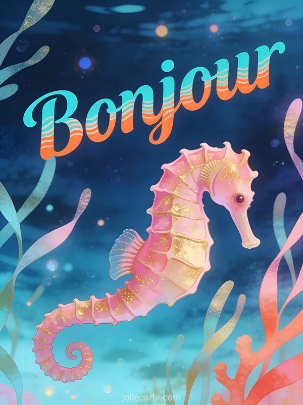 Hippocampe rose et or flottant parmi des algues dansantes avec le texte Bonjour