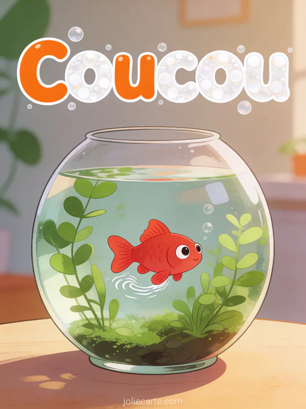 Poisson rouge adorable faisant un signe de nageoire derrière la vitre d un aquarium rond