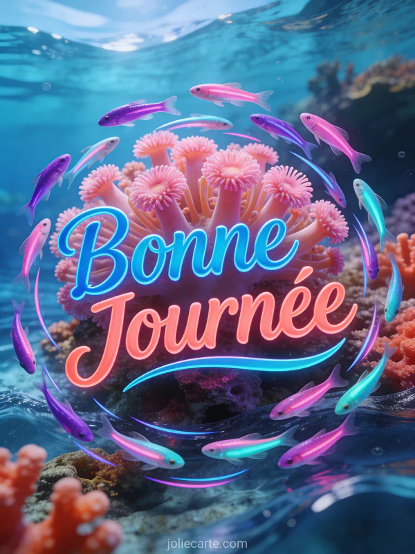 Banc de poissons néon fluorescents nageant en spirale dans un récif corallien vibrant