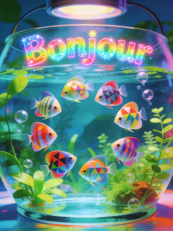 Groupe de poissons discus colorés nageant en cercle dans un aquarium planté avec bulles