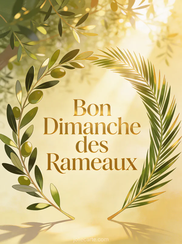Branches d'olivier et de palmier en arc avec lumière dorée et le texte Bon Dimanche des Rameaux