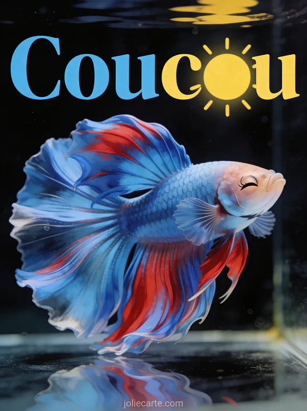 Poisson combattant betta bleu et rouge aux nageoires fluides sur fond noir avec le texte Coucou