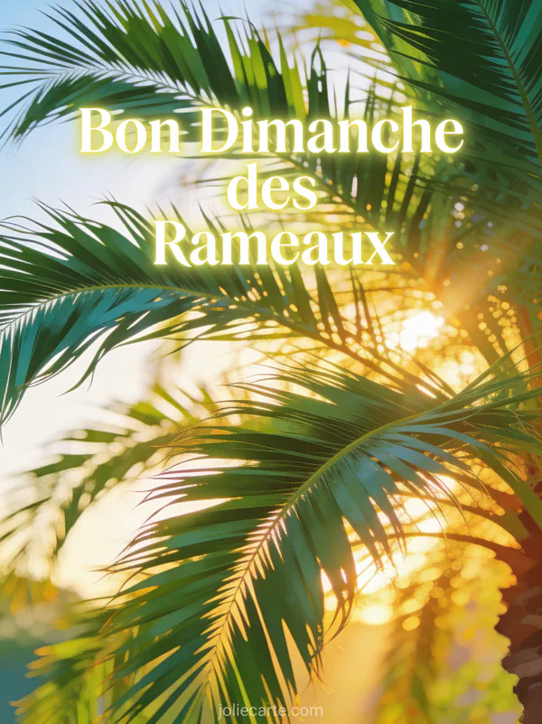 Branches de palmier ondulant dans la brise avec rayons de soleil et le texte Bon Dimanche des Rameaux