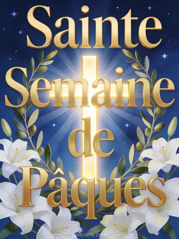 Grande croix lumineuse entourée de branches d'olivier et lys blancs avec le texte Sainte Semaine de Pâques