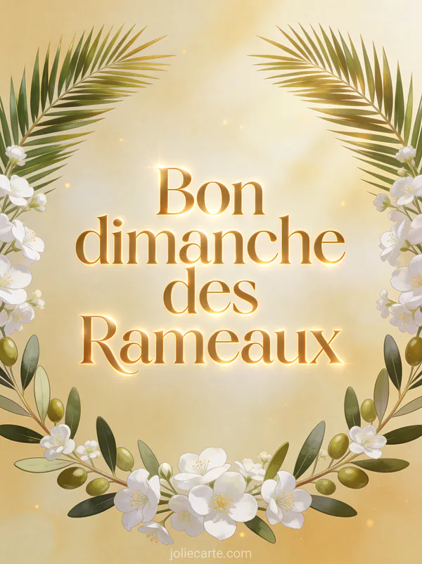 Clocher d'église de village français avec branches de buis et le texte Bon Dimanche des Rameaux