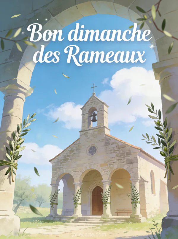 Croix en bois rustique décorée de branches de buis et fleurs blanches avec le texte Bonjour et Bon Dimanche des Rameaux