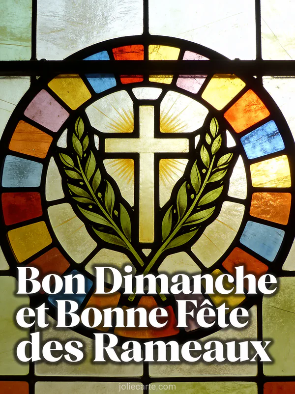 Vitrail rond représentant une croix et des rameaux avec lumière colorée et le texte Bon Dimanche et Bonne Fête des Rameaux
