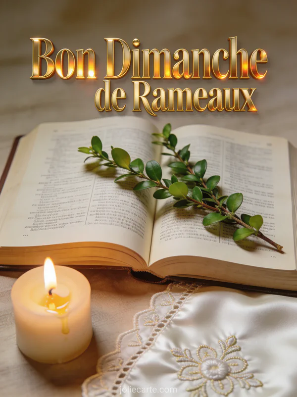 Bible ouverte avec branches de buis et bougie allumée sur nappe blanche avec le texte Bon Dimanche de Rameaux