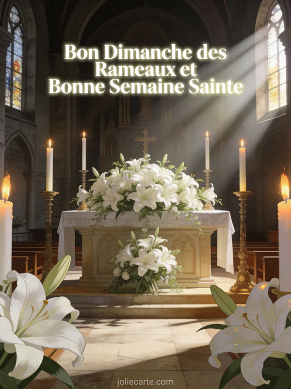 Intérieur d'église avec autel fleuri de lys blancs et cierges allumés avec le texte Bon Dimanche des Rameaux et Bonne Semaine Sainte