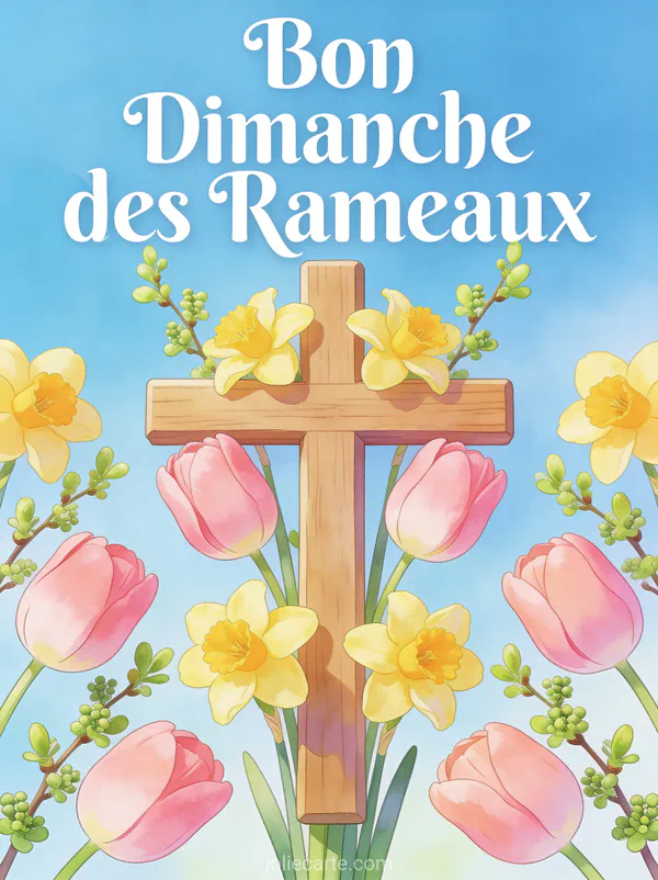 Croix en bois entourée de tulipes roses et jonquilles jaunes avec branches de buis et le texte Bon Dimanche des Rameaux