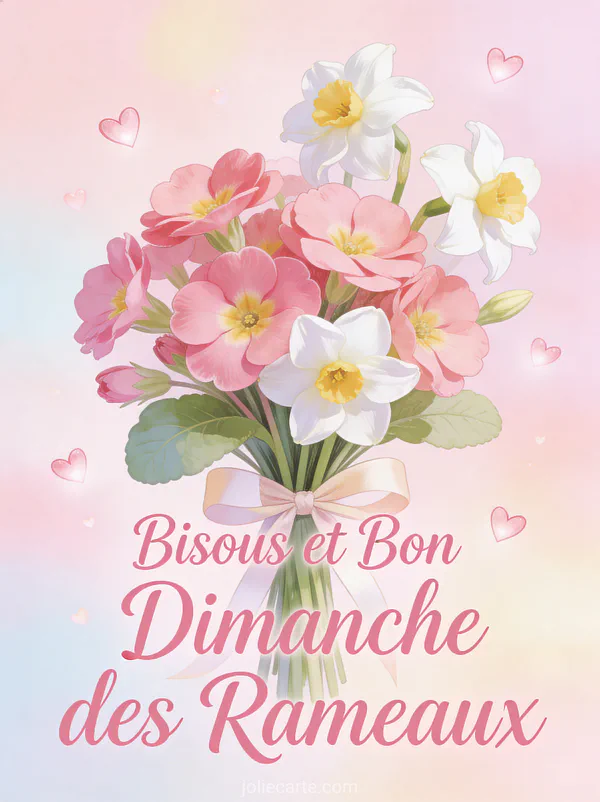 Bouquet de primevères roses et narcisses blancs avec petits coeurs et le texte Bisous et Bon Dimanche des Rameaux