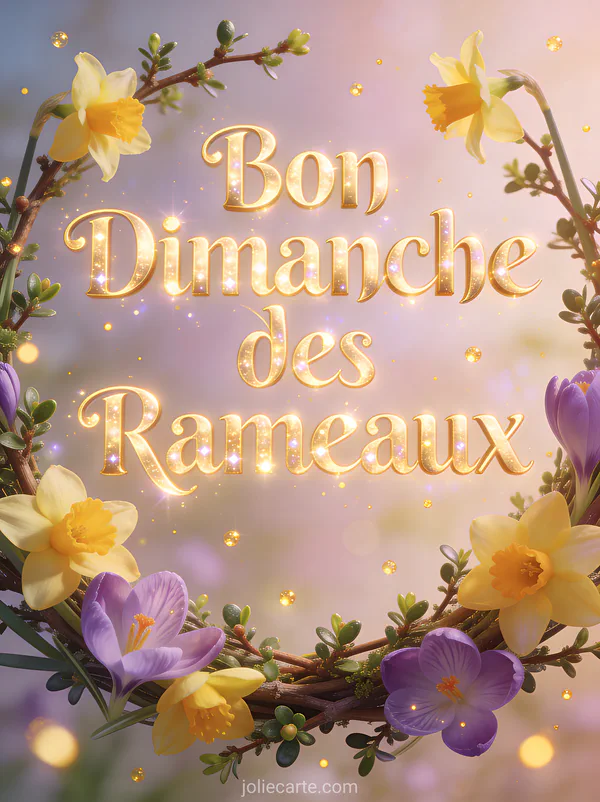 Couronne de branches de buis avec jonquilles jaunes et crocus violets et particules lumineuses avec le texte Bon Dimanche des Rameaux