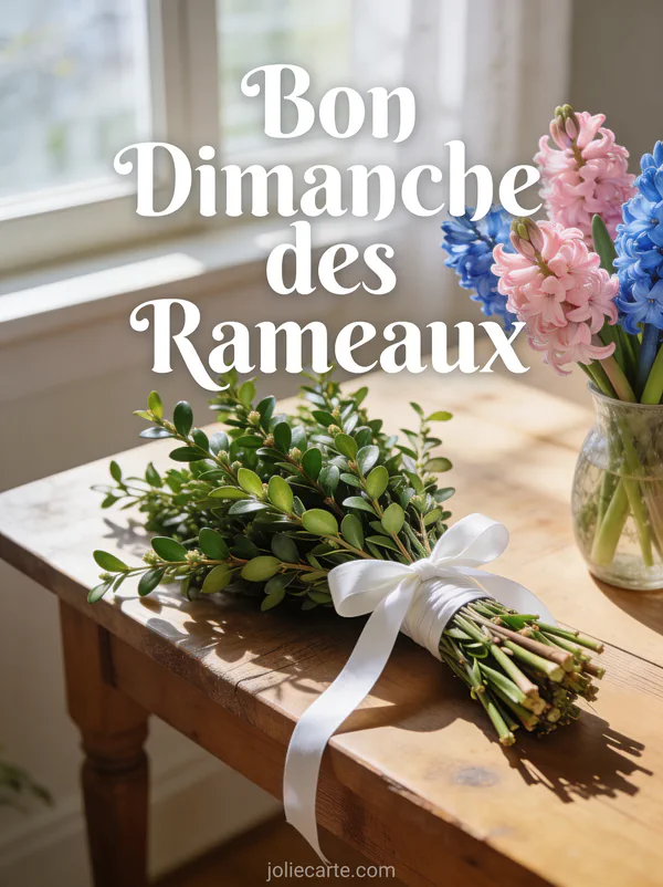 Bouquet de buis avec ruban blanc et vase de jacinthes roses et bleues sur table en bois avec le texte Bon Dimanche des Rameaux