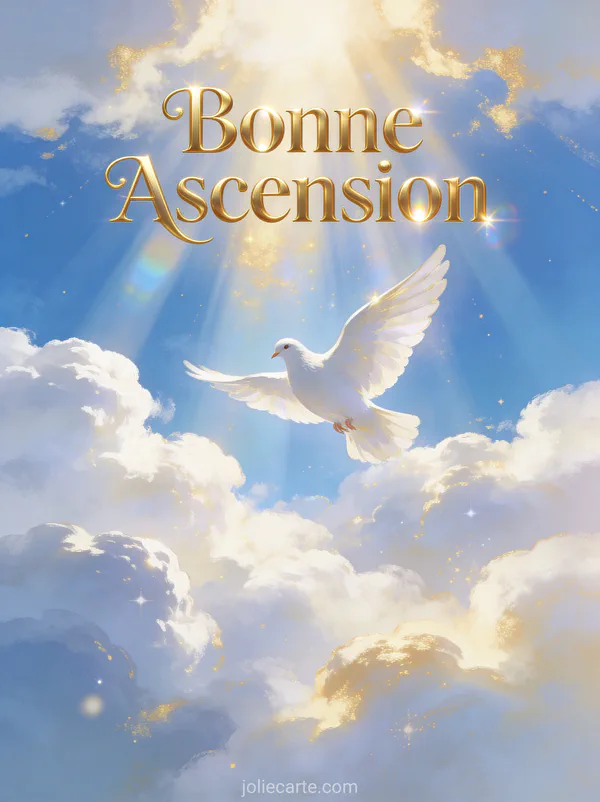 Colombe blanche volant dans un ciel bleu lumineux avec rayons dorés et texte Bonne Ascension