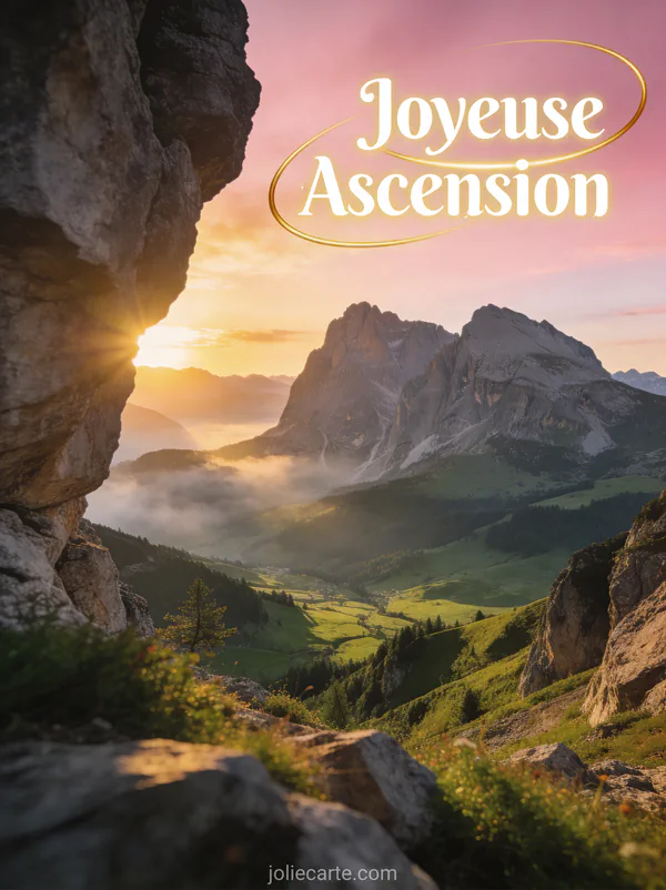 Paysage de montagne au lever du soleil avec ciel rose et doré et texte Joyeuse Ascension