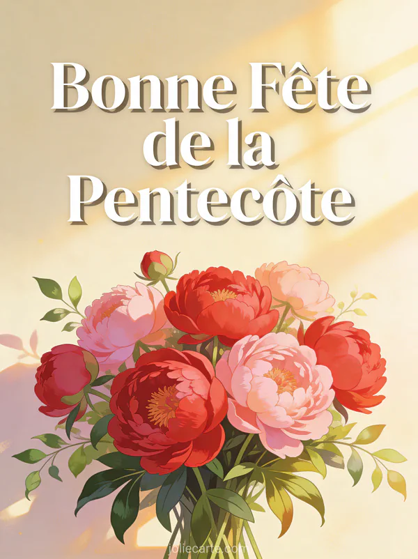 Bouquet de pivoines roses et rouges baignées de lumière dorée avec le texte Bonne Fête de la Pentecôte