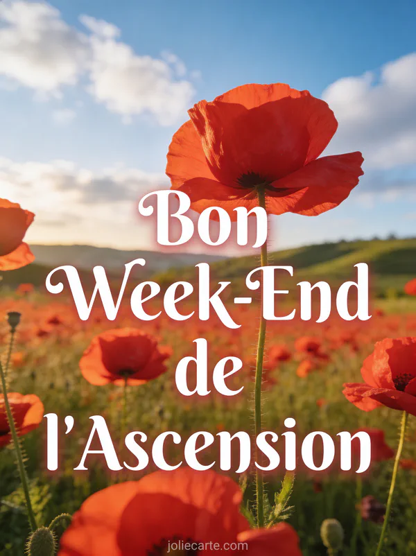 Champ de coquelicots rouges sous un ciel bleu avec texte Bon Week-End de l'Ascension