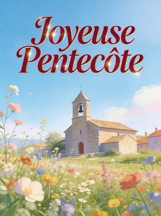 Flammes dorées et lumineuses dansant autour du texte Joyeuse Pentecôte sur fond lumineux