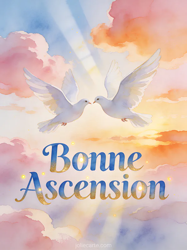 Deux colombes blanches volant dans un ciel pastel rose et doré avec texte Bonne Ascension