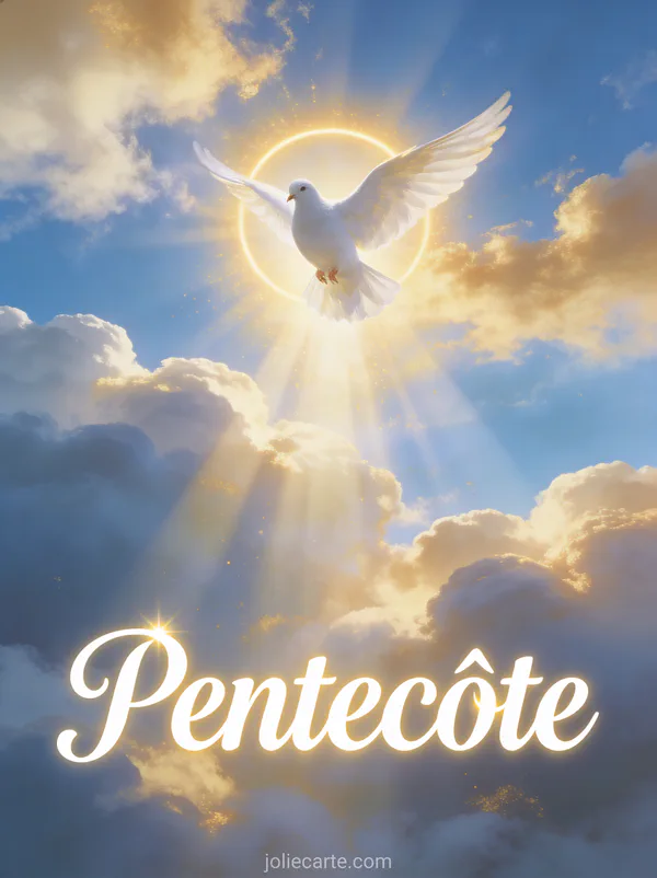 Colombe blanche descendant dans un halo de lumière dorée avec rayons célestes et le texte Pentecôte