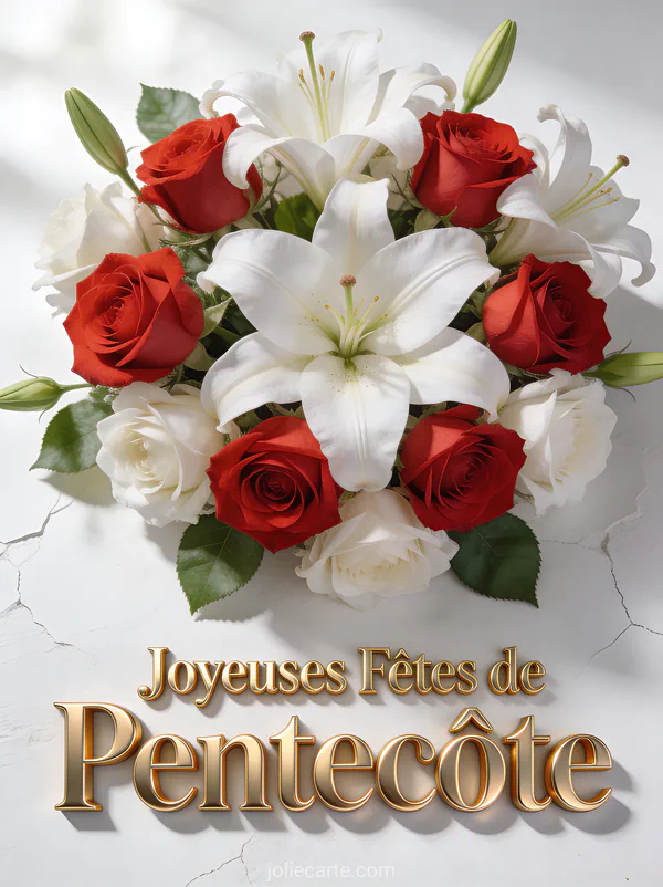 Bouquet de roses rouges et blanches avec lys sur fond élégant et le texte Joyeuses Fêtes de Pentecôte