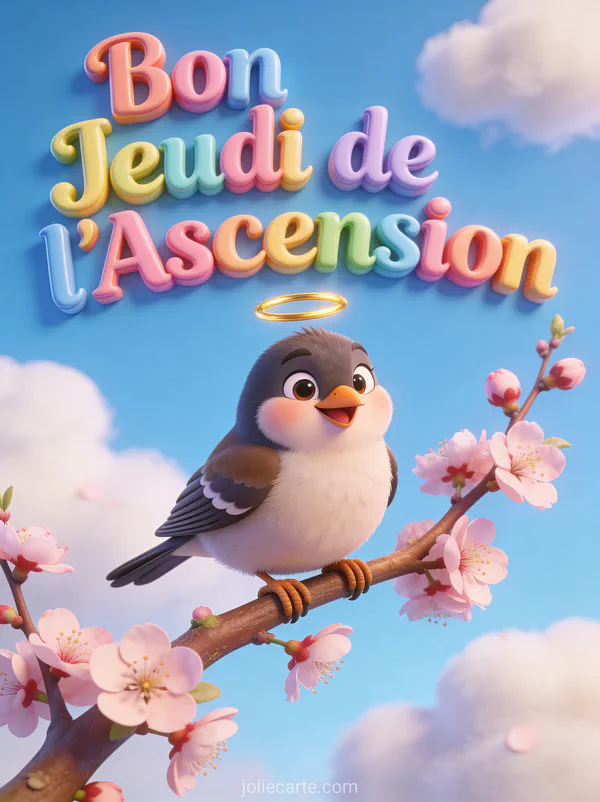 Moineau adorable avec auréole dorée sur branche de cerisier en fleurs avec texte Bon Jeudi de l'Ascension