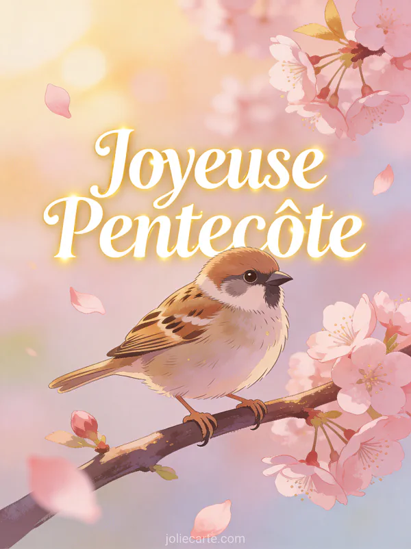 Moineau perché sur une branche de cerisier en fleurs avec pétales roses et le texte Joyeuse Pentecôte