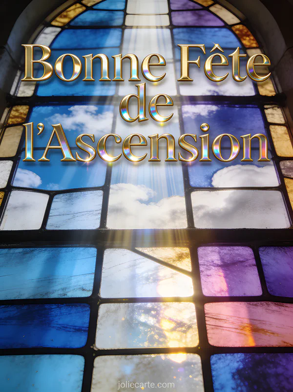 Vitrail coloré avec rayons de lumière bleu or et violet avec texte Bonne Fête de l'Ascension