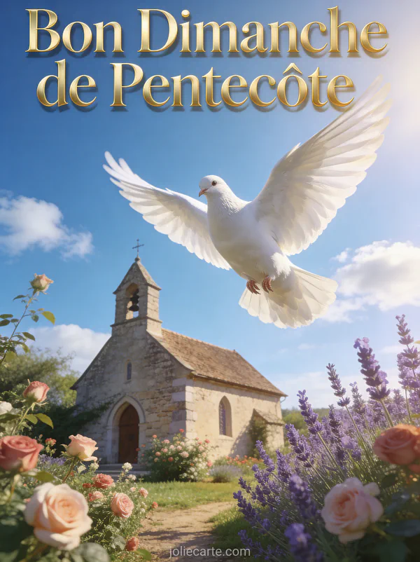 Colombe blanche aux ailes déployées au-dessus d'une église de campagne entourée de fleurs avec le texte Bon Dimanche de Pentecôte
