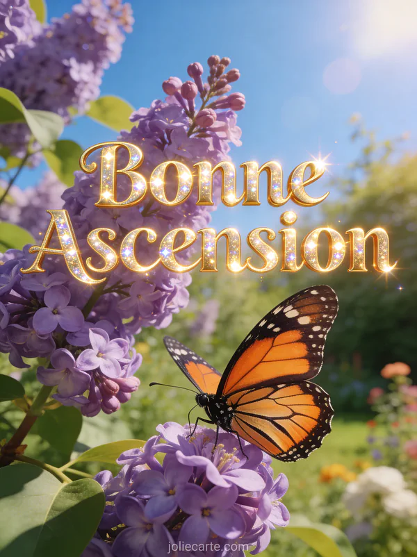 Papillon monarque orange et noir sur fleur de lilas mauve avec texte Bonne Ascension