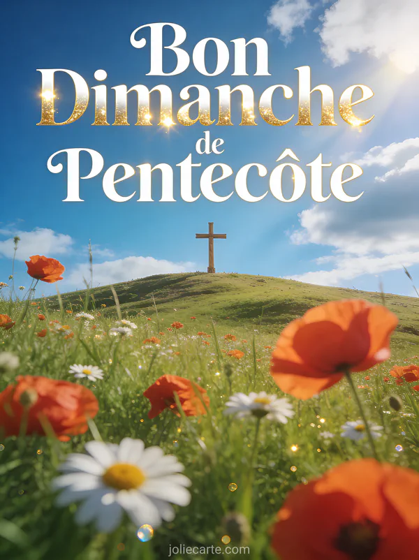 Prairie de coquelicots et marguerites sous un ciel bleu avec croix au loin et le texte Bon Dimanche de Pentecôte