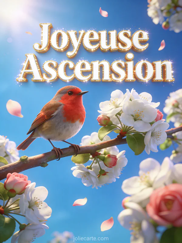 Rouge-gorge posé sur branche de pommier en fleurs blanches et roses avec texte Joyeuse Ascension