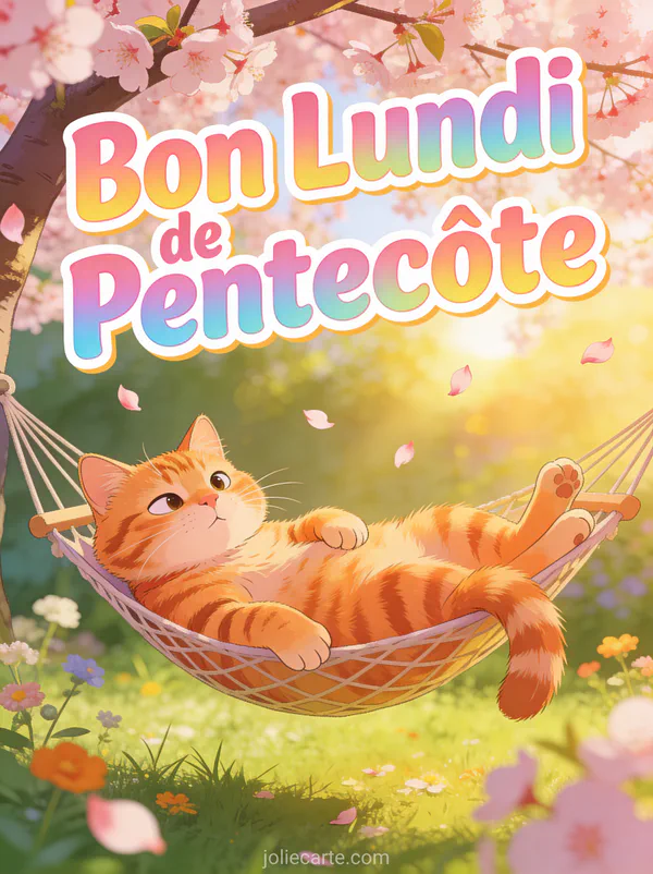 Chat roux tigré allongé dans un hamac sous un cerisier en fleurs avec le texte Bon Lundi de Pentecôte